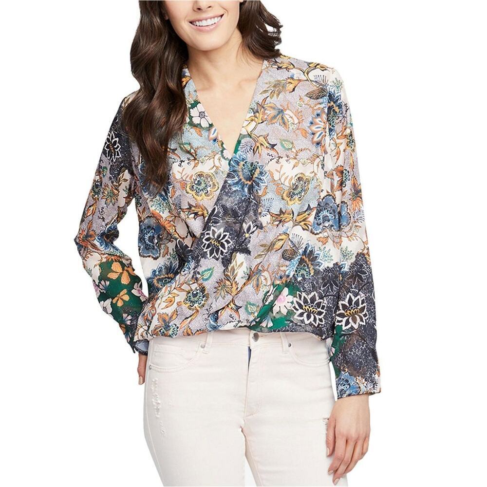 Rachel Roy Top 16 Floral Botanical Long Sleeve Faux Wrap Surplice Textured